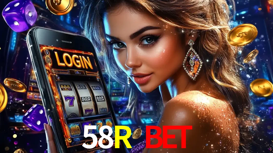 Mulher glamorosa segurando um smartphone com a tela de login para os jogos de caça-níqueis do cassino online 58R BET, com moedas de ouro e dados ao redor.