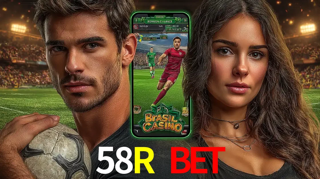 Homem segurando uma bola de futebol e uma mulher ao lado de um smartphone exibindo o jogo de apostas esportivas da 58R BET. Faça seu palpite no cassino online.